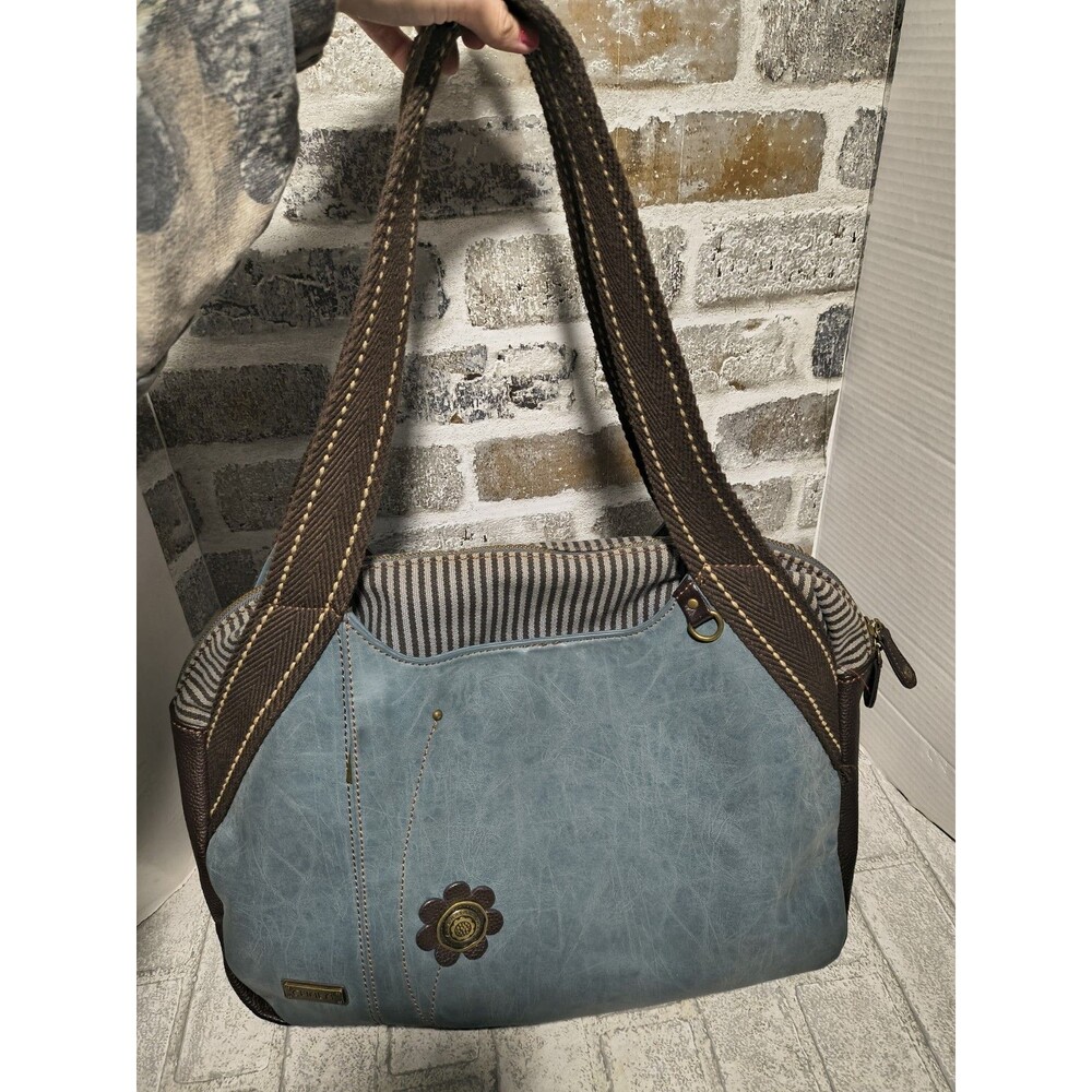 Chala Large Shoulder Bowling Tote Bag Vegan Faux Leather Indigo Blue